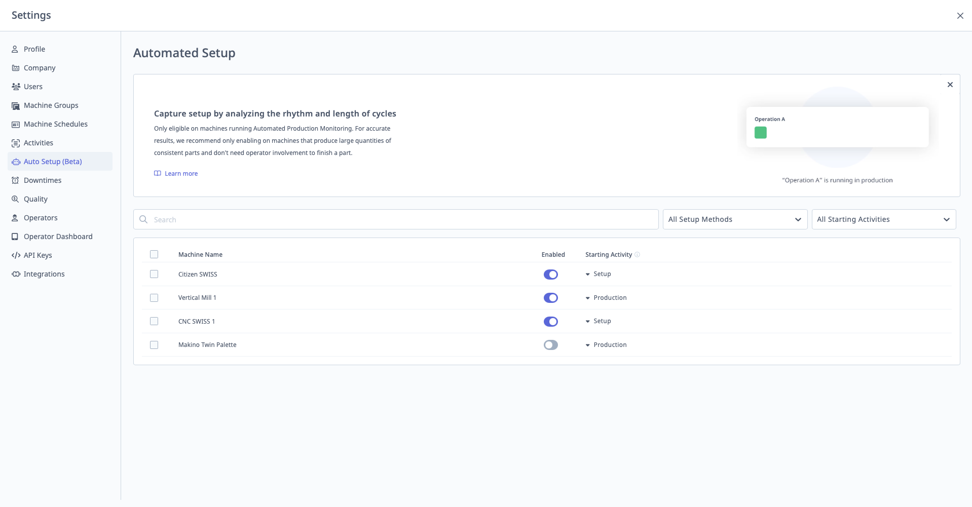 Auto Setup configuration with machines listed