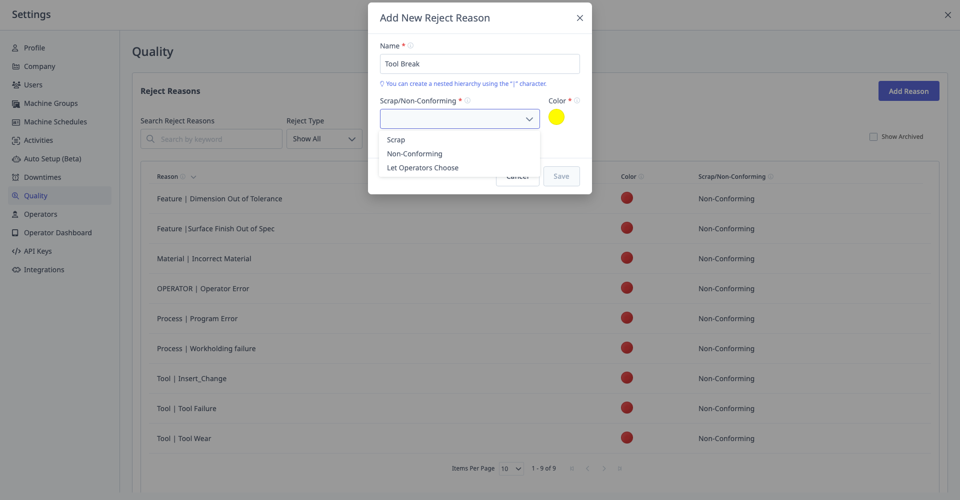 Reject Reasons list and creation form