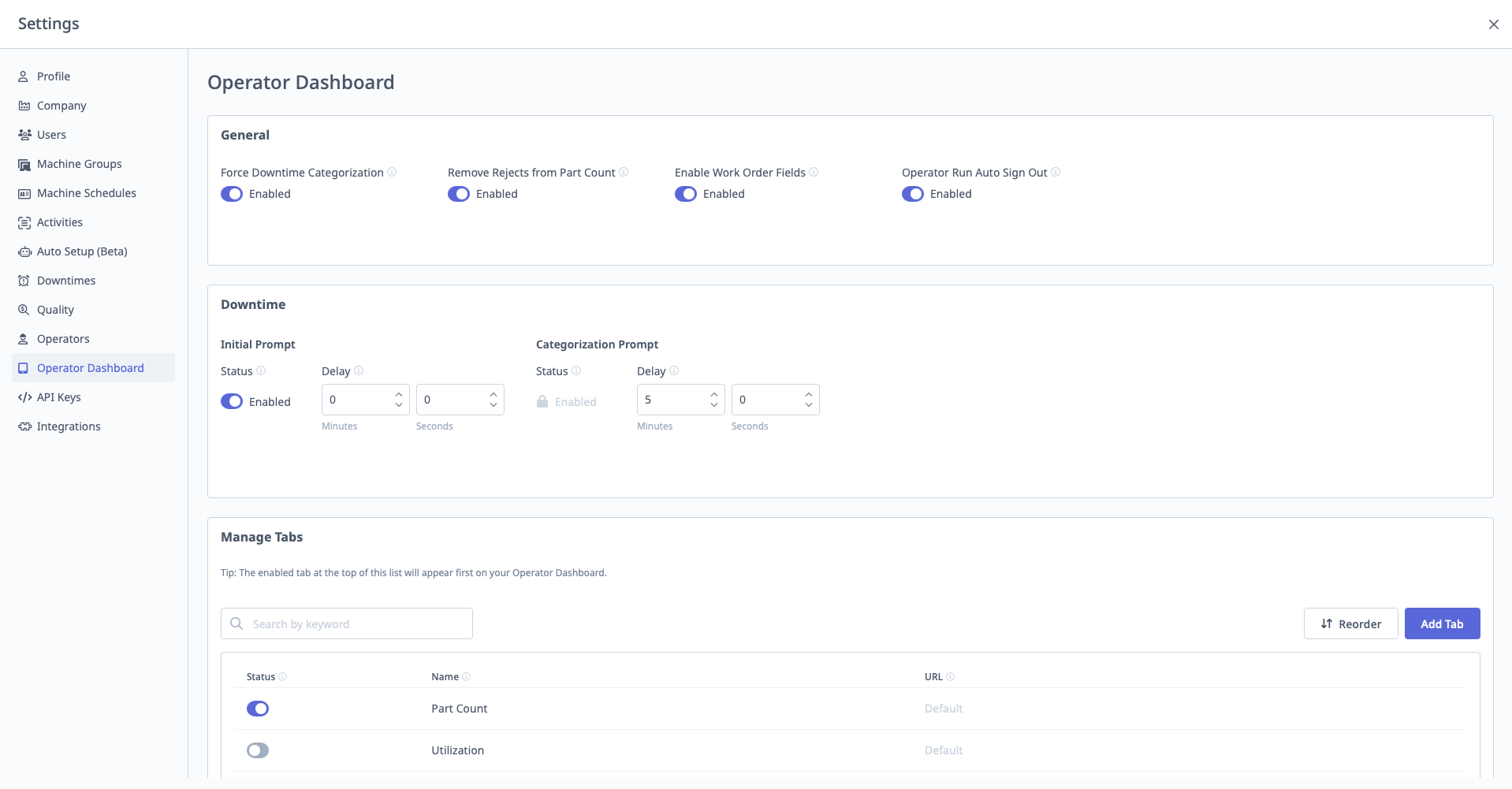 Operator Dashboard General settings