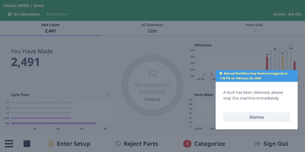 ShopPulse showing a workflow alert popup with a message instructing the operator to stop the machine