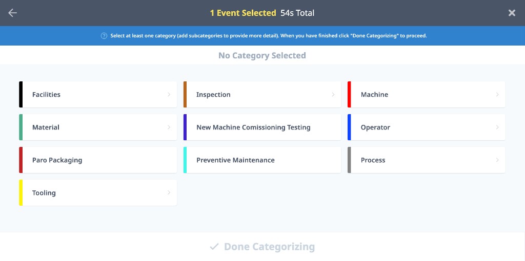 Downtime category selection screen showing color-coded reason tiles
