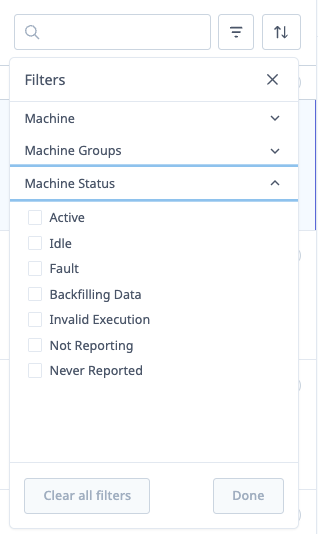 Filter menu showing Machine, Machine Groups, and Machine Status filter options