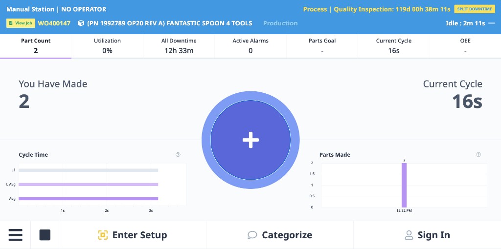 Manual Station ShopPulse interface showing an unattended station with work order, cycle time, and operator sign-in prompt