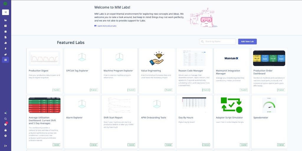 MM Labs home page showing featured experimental tools with Enable/Try It buttons