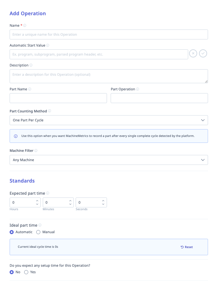 Add Operation form showing Name, Automatic Start Value, Description, Part Name, Part Operation, Part Counting Method, Machine Filter, and Standards fields