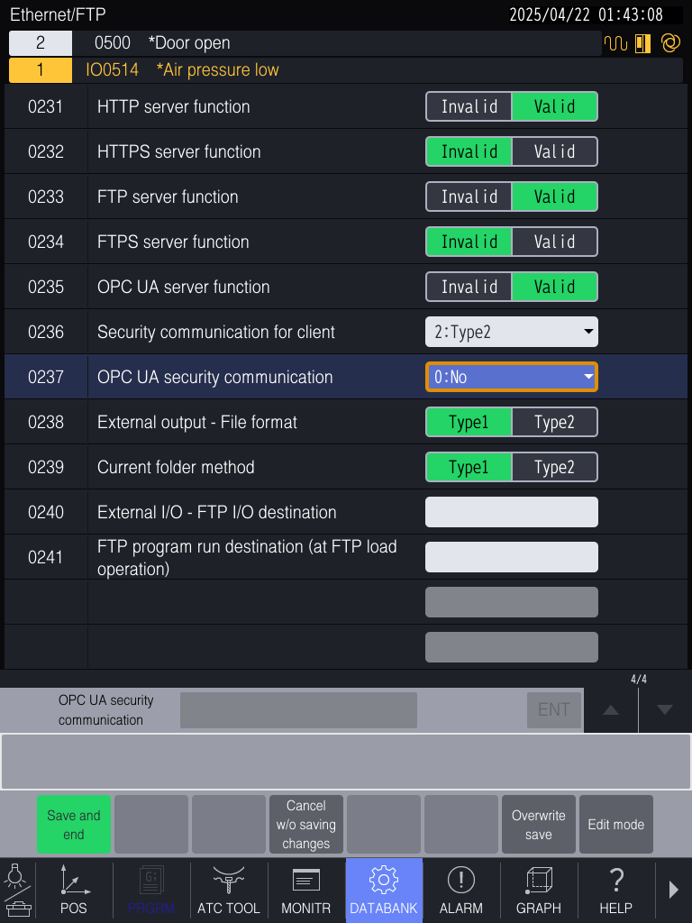 Brother D-Series Ethernet/FTP settings — Save and end / Cancel options