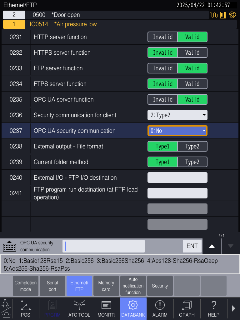 Brother D-Series Ethernet/FTP settings — OPC UA server function and security communication (page 4 of 4)