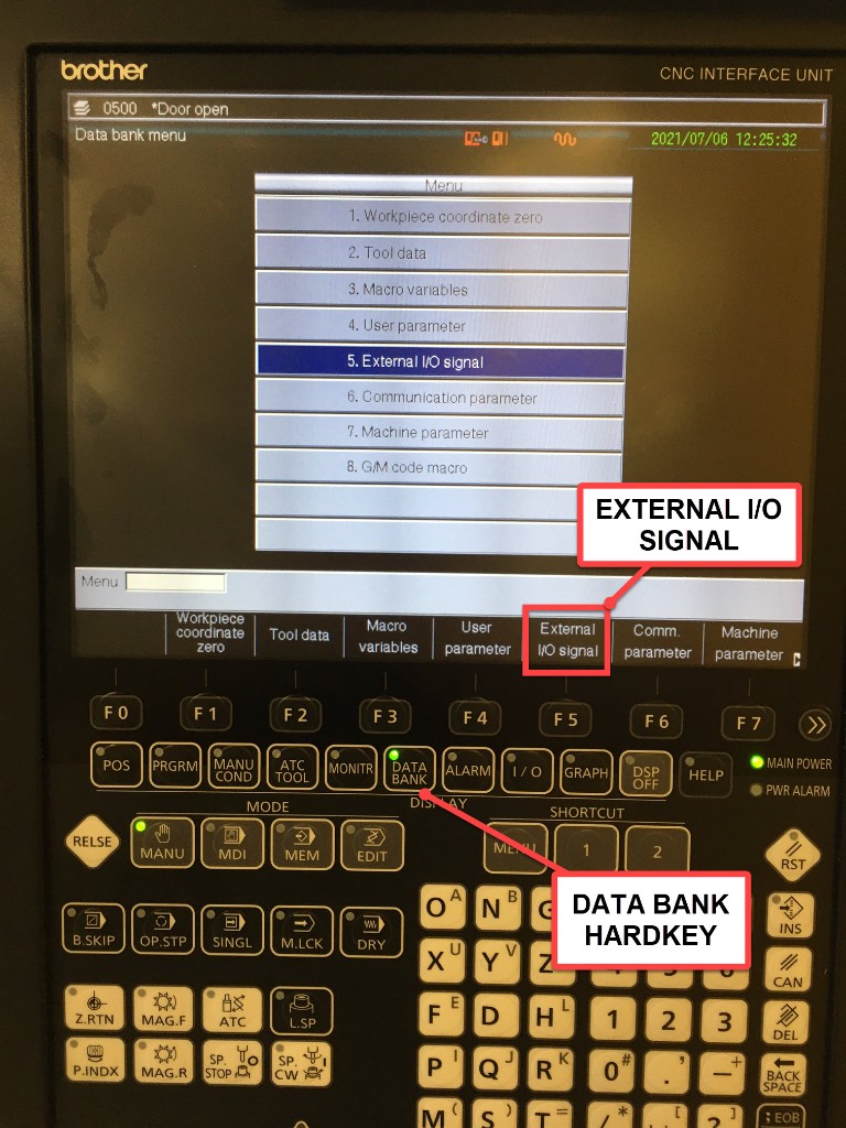 Data Bank hard key pressed — showing External I/O Signal option in menu