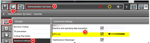 Bystronic ByVision Administration — Advanced Settings panel with OPC-UA checkbox enabled