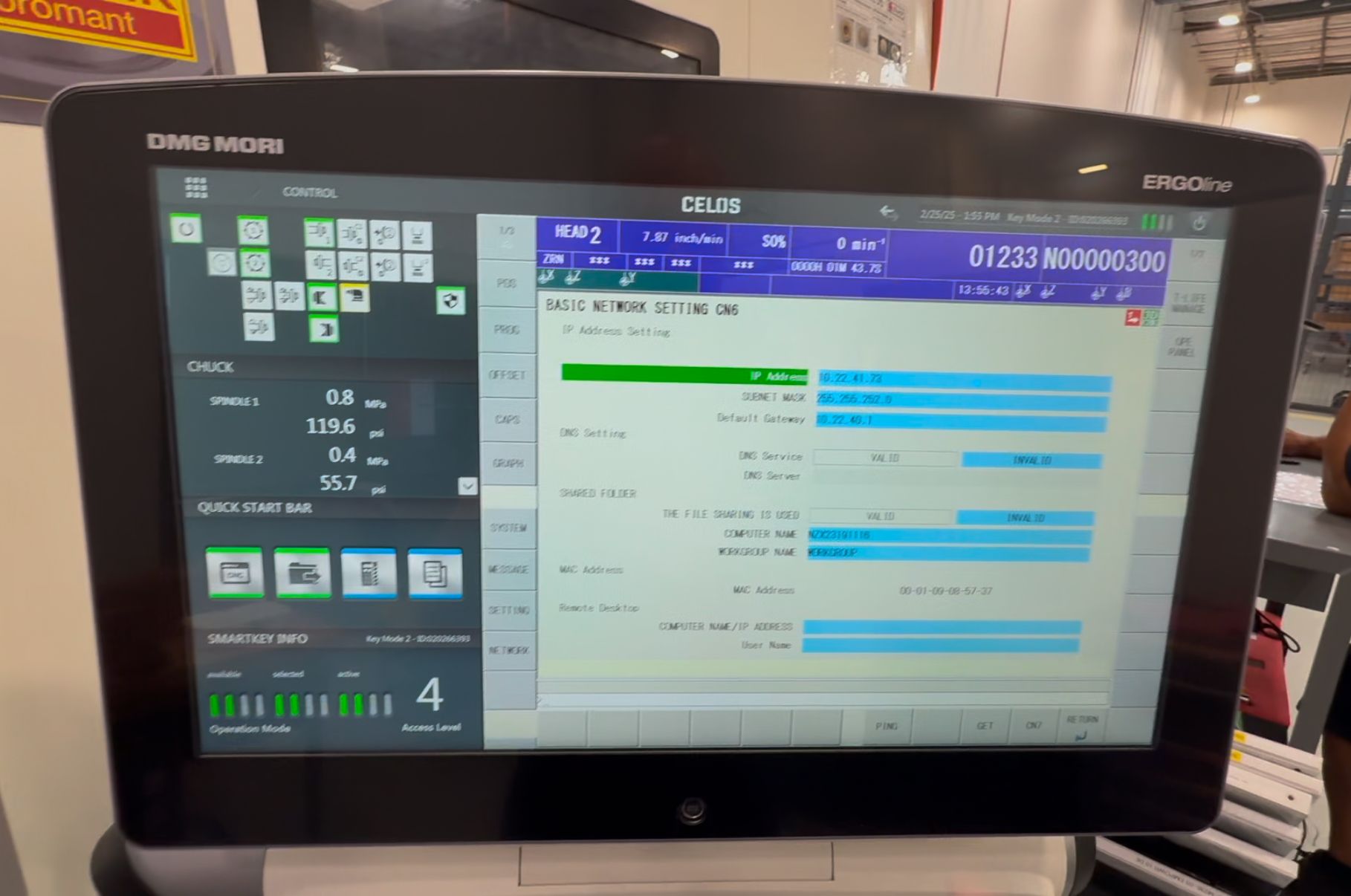 Basic Network Setting screen showing IP address, subnet mask, and gateway configuration