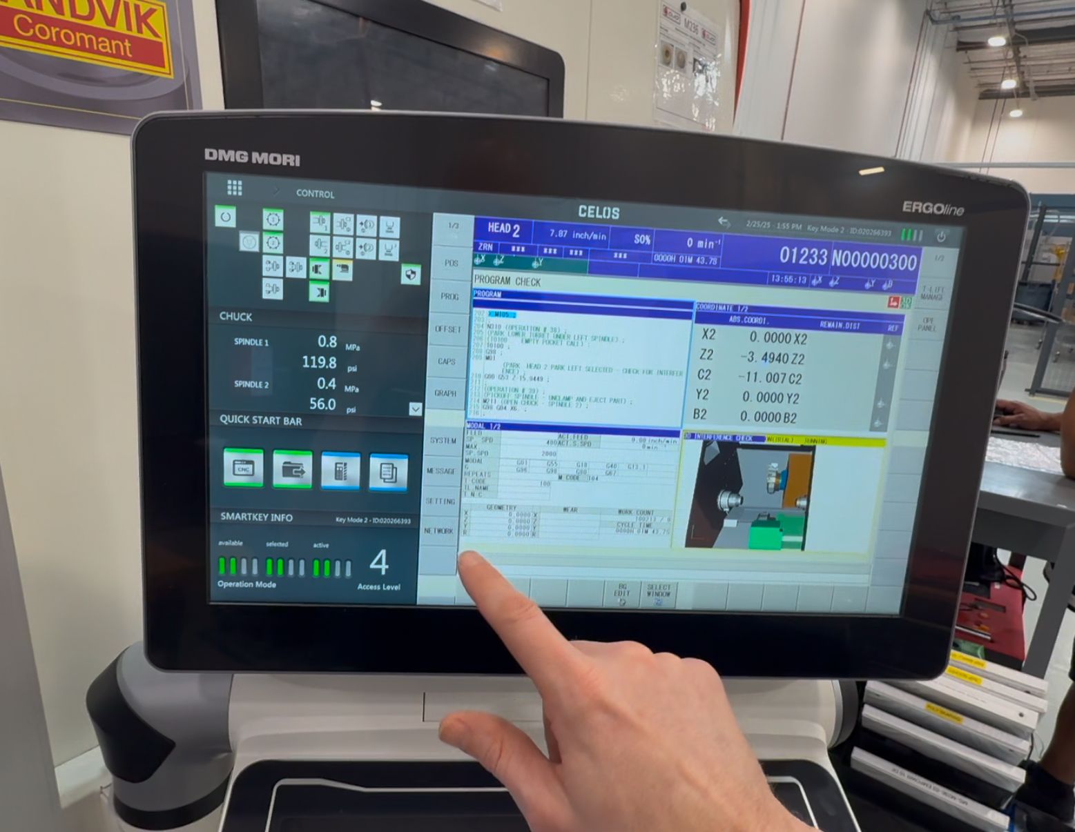 CELOS Control screen showing FANUC interface with NETWORK option in sidebar