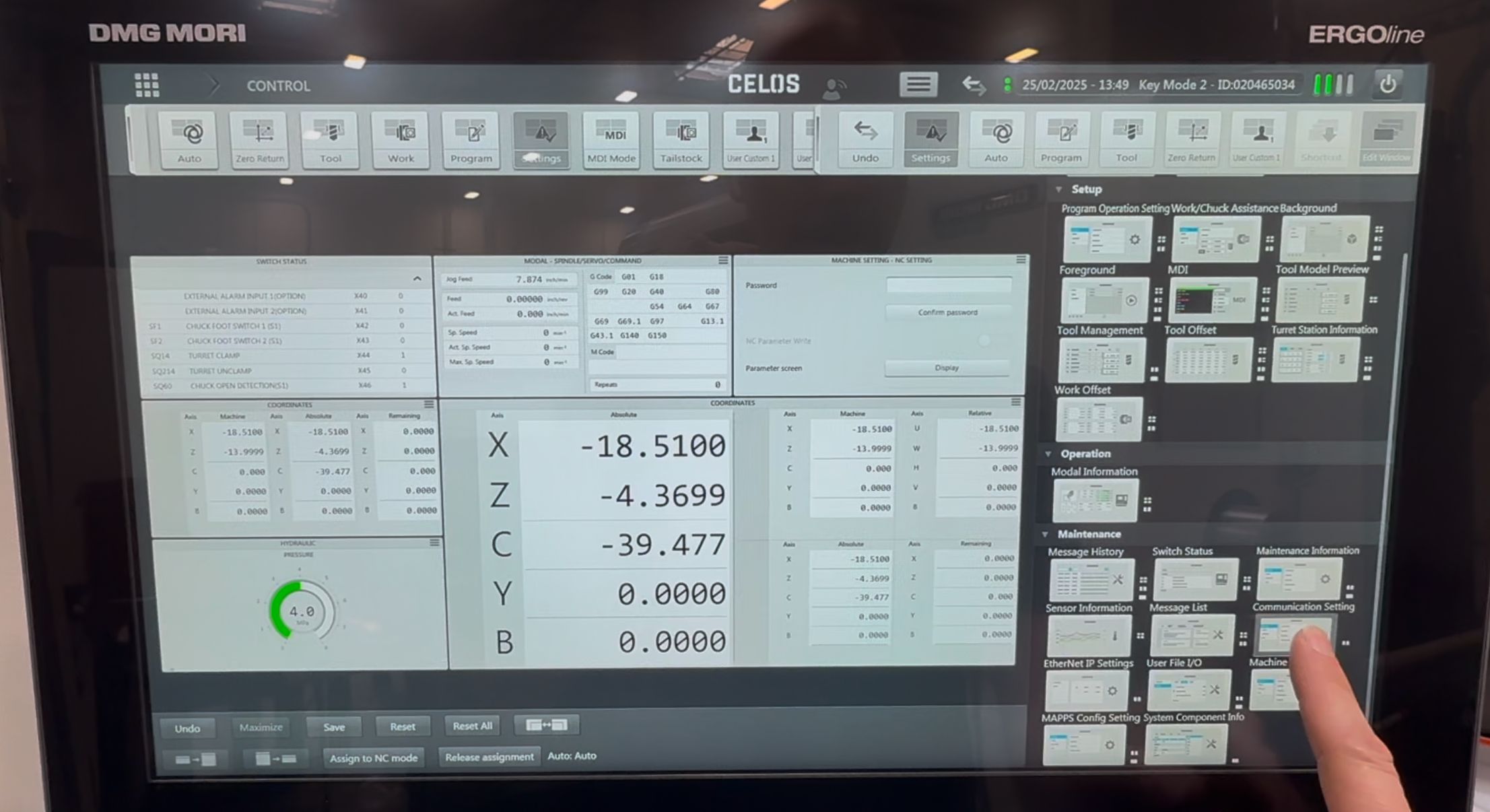 Edit Window with Communication Setting highlighted in the Maintenance section