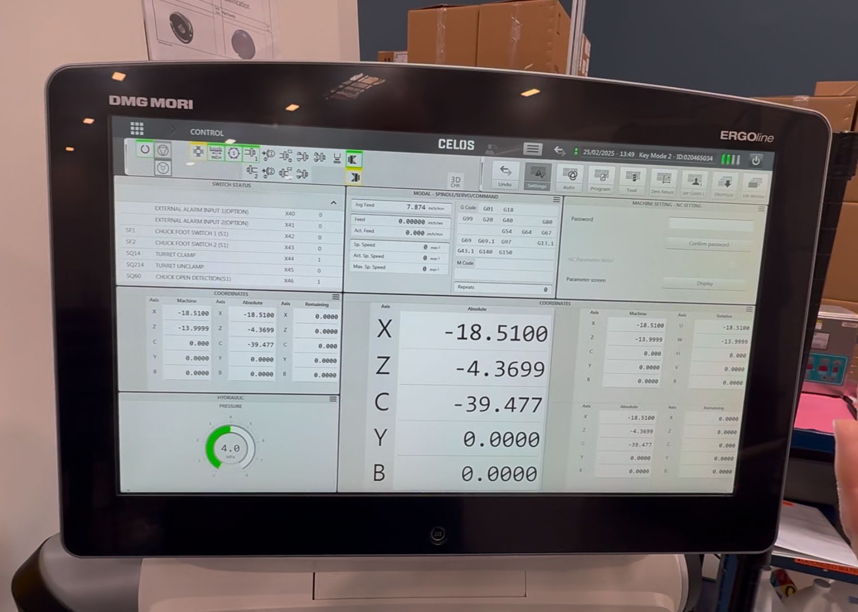 CELOS Control screen showing the Mitsubishi CNC interface with machine settings panel on the right