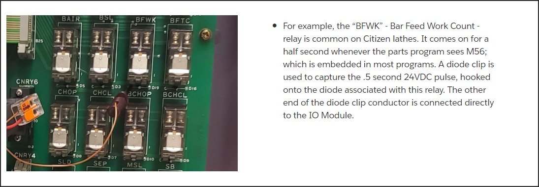 Citizen lathe relay board close-up — BFWK (Bar Feed Work Count) relay highlighted; a diode clip is hooked to the back-EMF diode and wired to the I/O module for part counting