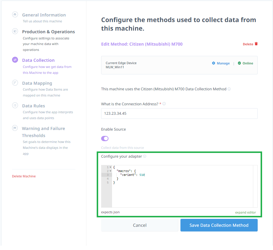 MachineMetrics Data Collection configuration — Citizen (Mitsubishi) M700 adapter selected with connection address and macro variant setting