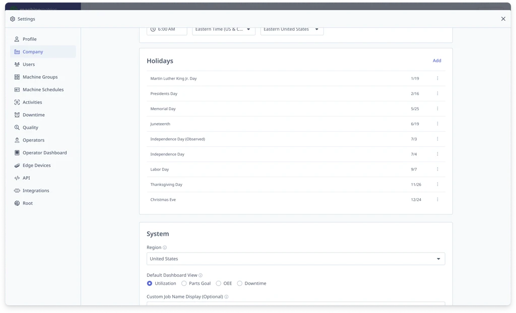 Holidays section in Company Settings showing a list of standard US holidays with dates