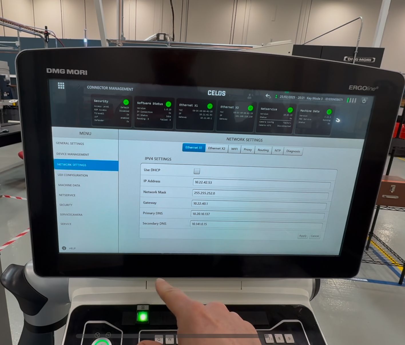 Connector Management — Network Settings showing IP address, subnet mask, and gateway