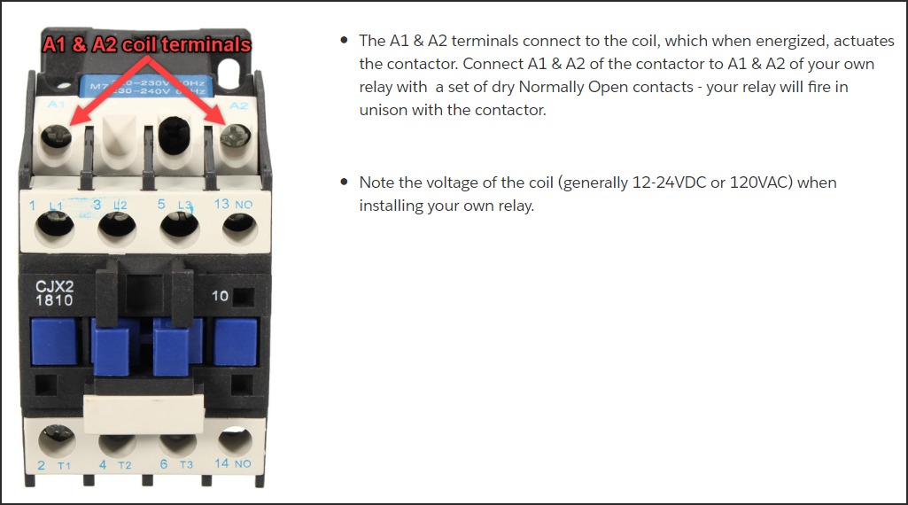 Contactor showing A1 & A2 coil terminals — connect your relay coil here and it will fire in unison with the machine's contactor, providing a dry normally-open contact to the I/O module