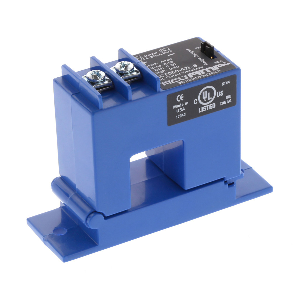 AC current transducer (AcuAMP CT050-42L-S) — clamp-style sensor used to monitor spindle drives, axis drives, and conveyor motors