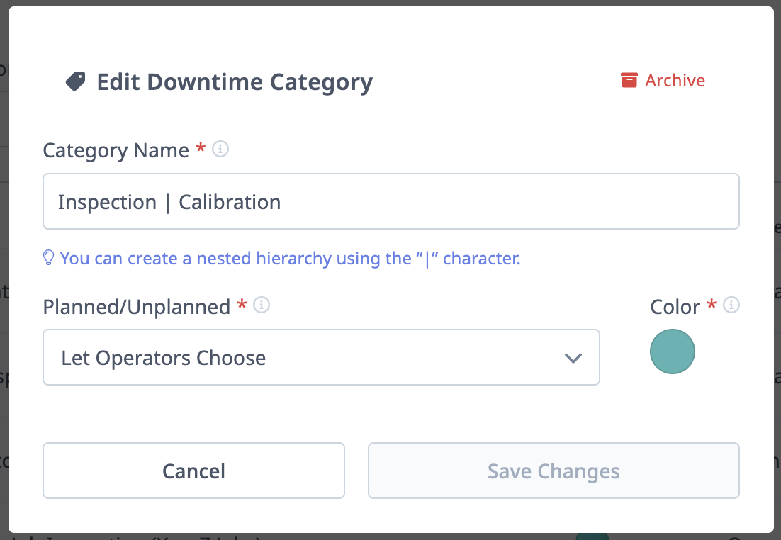 Downtime Category Dialog
