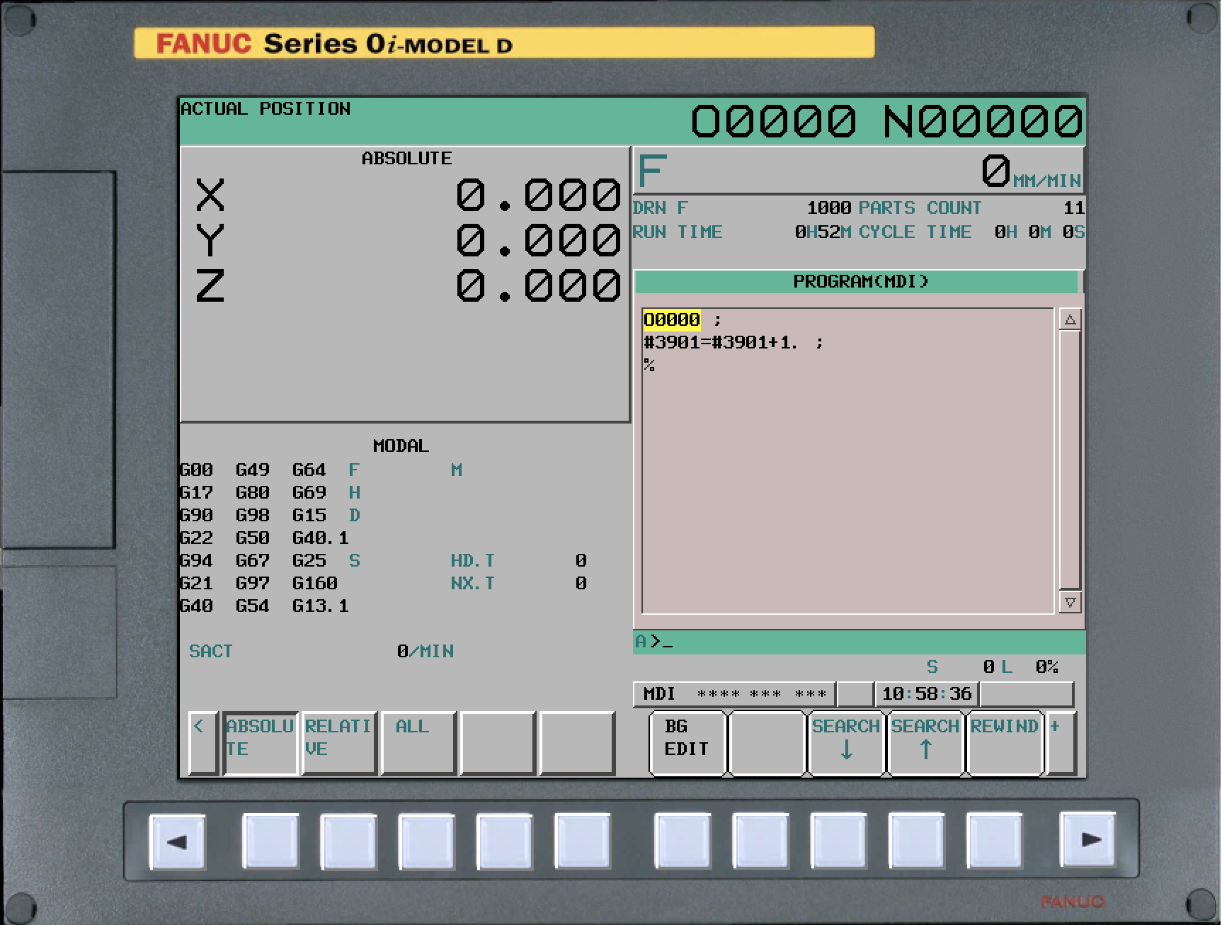 FANUC 0i-D MDI mode — PROGRAM(MDI) buffer showing #3901=#3901+1 entered for a quick manual test of the part count macro