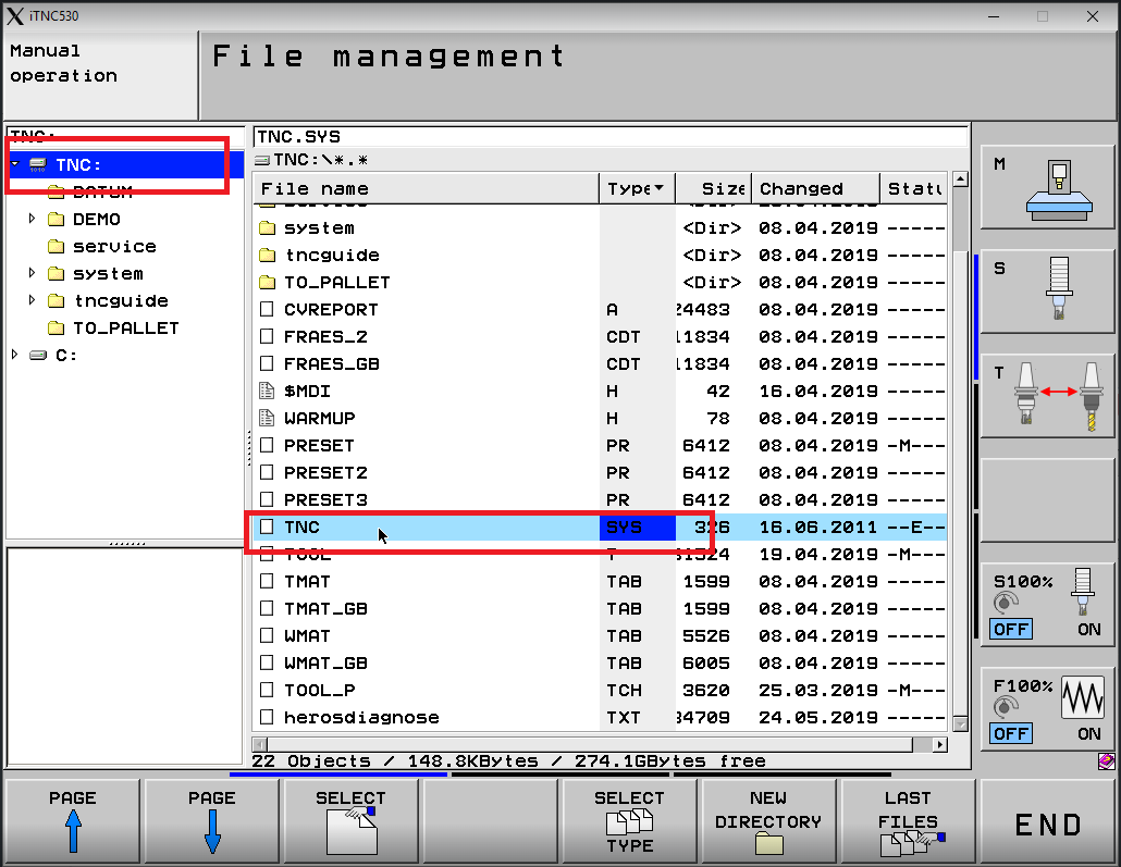 iTNC 530 File Management screen — TNC: root directory showing TNC.SYS file (type SYS, 326 bytes) highlighted in the file list