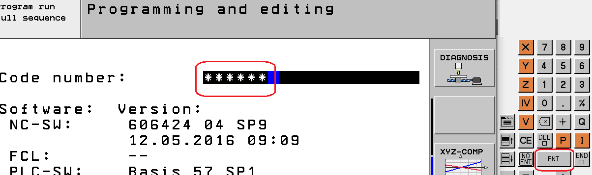iTNC 530 Programming and Editing screen — Code number prompt with masked entry (asterisks) and ENT key circled on the keyboard