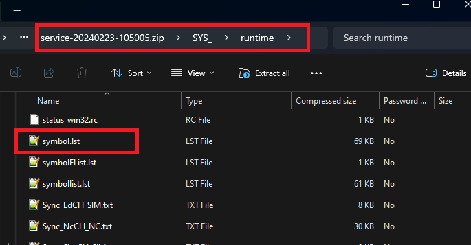 Windows Explorer showing service ZIP extracted — SYS_\runtime\ path; symbol.lst file highlighted (69 KB)