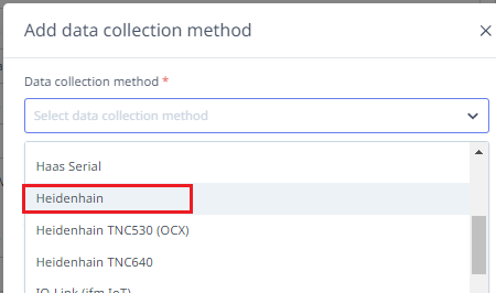 MachineMetrics Add data collection method dropdown — "Heidenhain" option highlighted, with Heidenhain TNC530 (OCX) and Heidenhain TNC640 also visible in the list