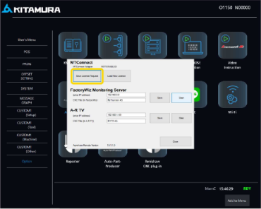 MTConnect window on the Arumatik-Mi control with the Save License Request button highlighted