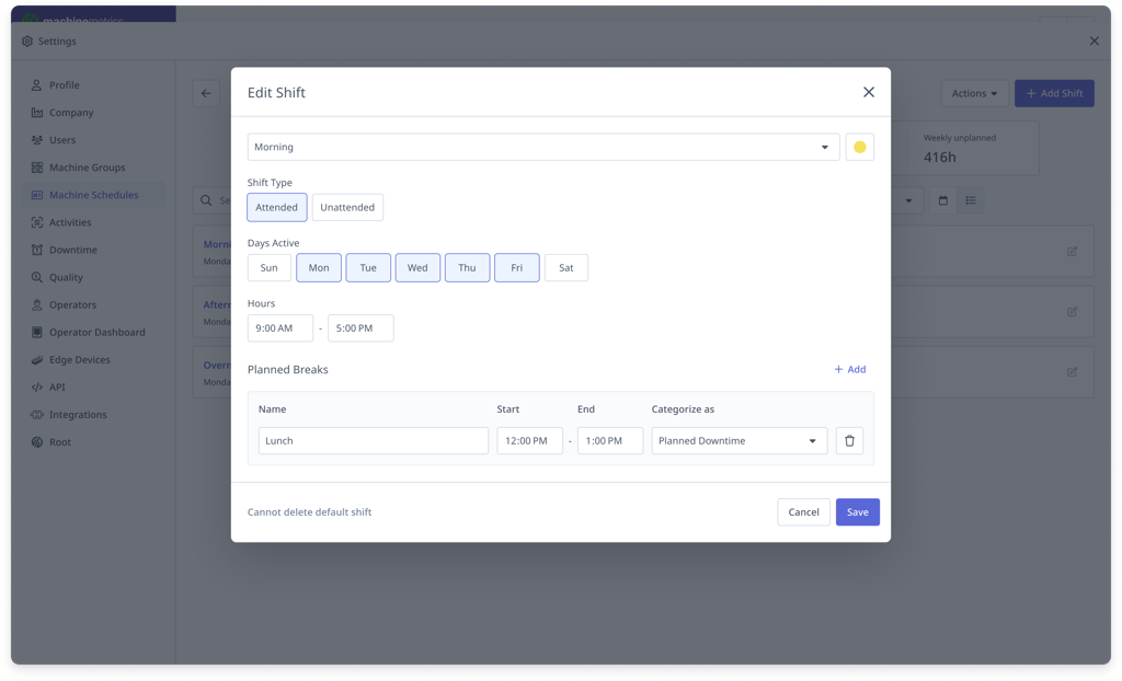 Edit Shift dialog showing Planned Breaks configuration with a Lunch break from 12:00 PM to 1:00 PM categorized as Planned Downtime