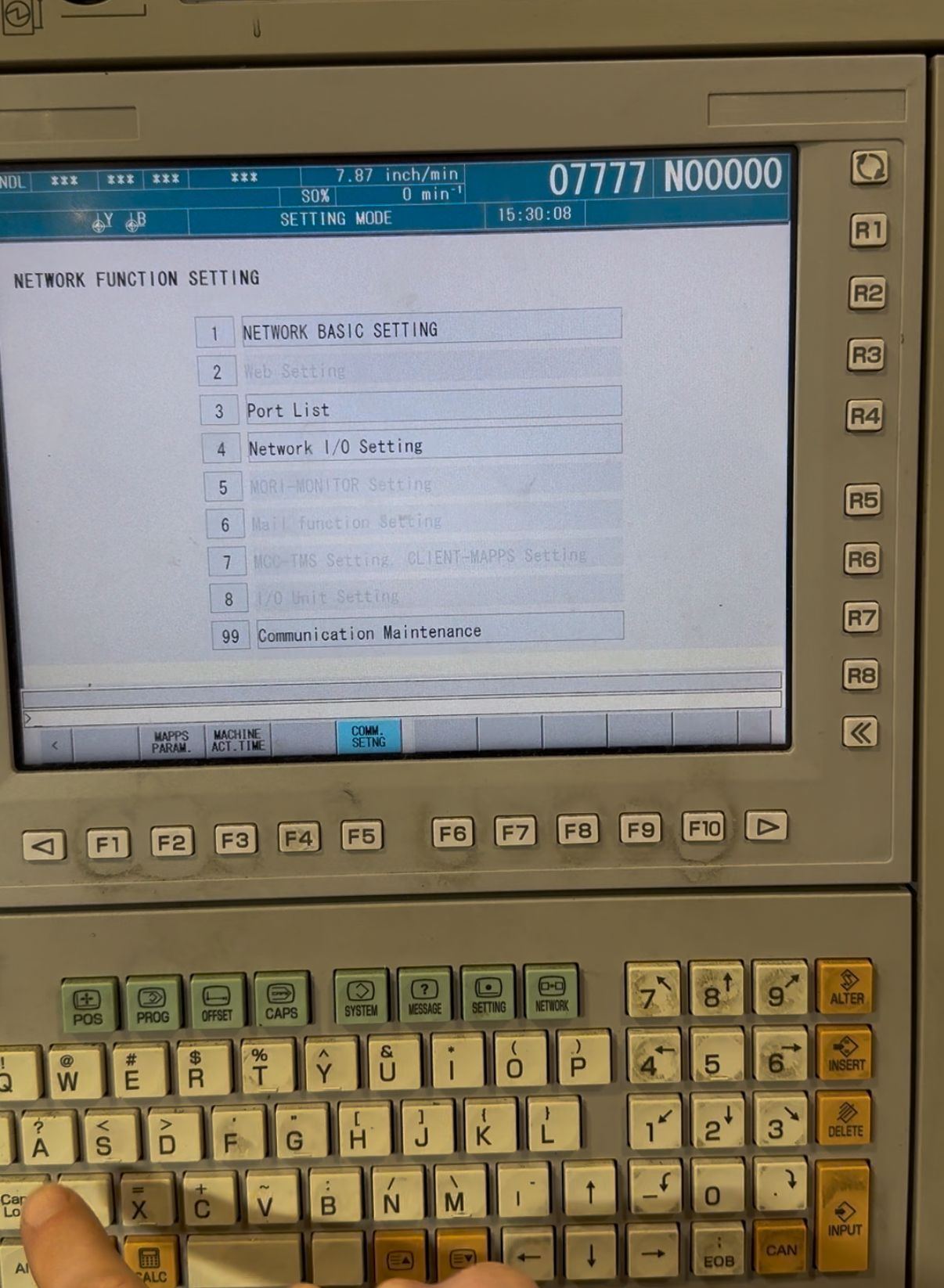 MAPPS Network Function Setting screen — select option 1 (Network Basic Setting) for IP configuration