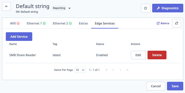 Edge Services tab showing Add Service and an Enabled SMB Share Reader