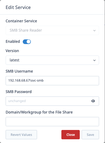 Edit Service dialog for SMB Share Reader with username, password, and version fields