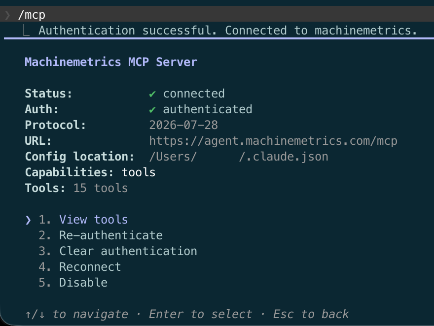 Claude Code showing the MachineMetrics MCP server connected and authenticated after running /mcp