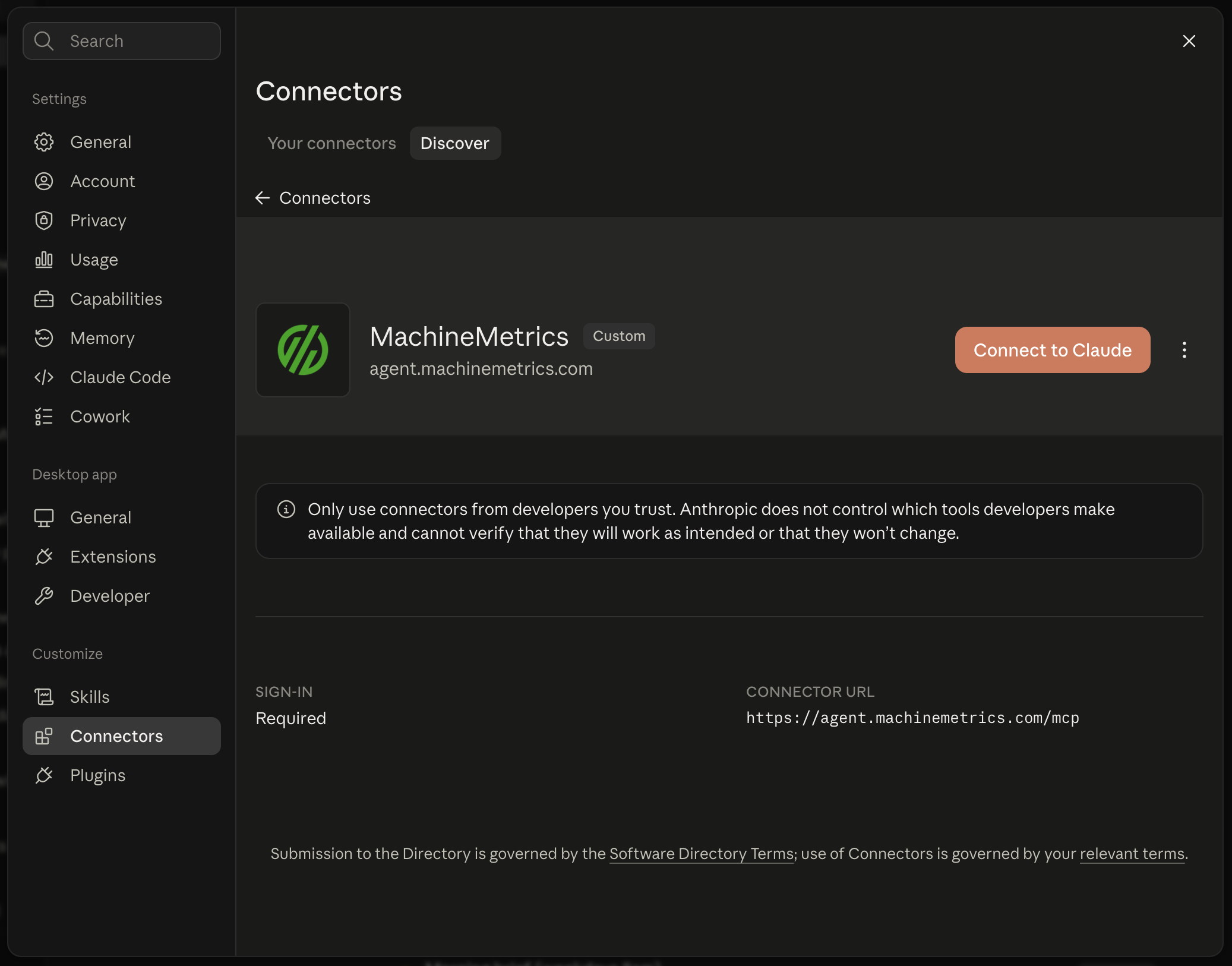 The MachineMetrics connector in Claude with its Connect to Claude button and connector URL