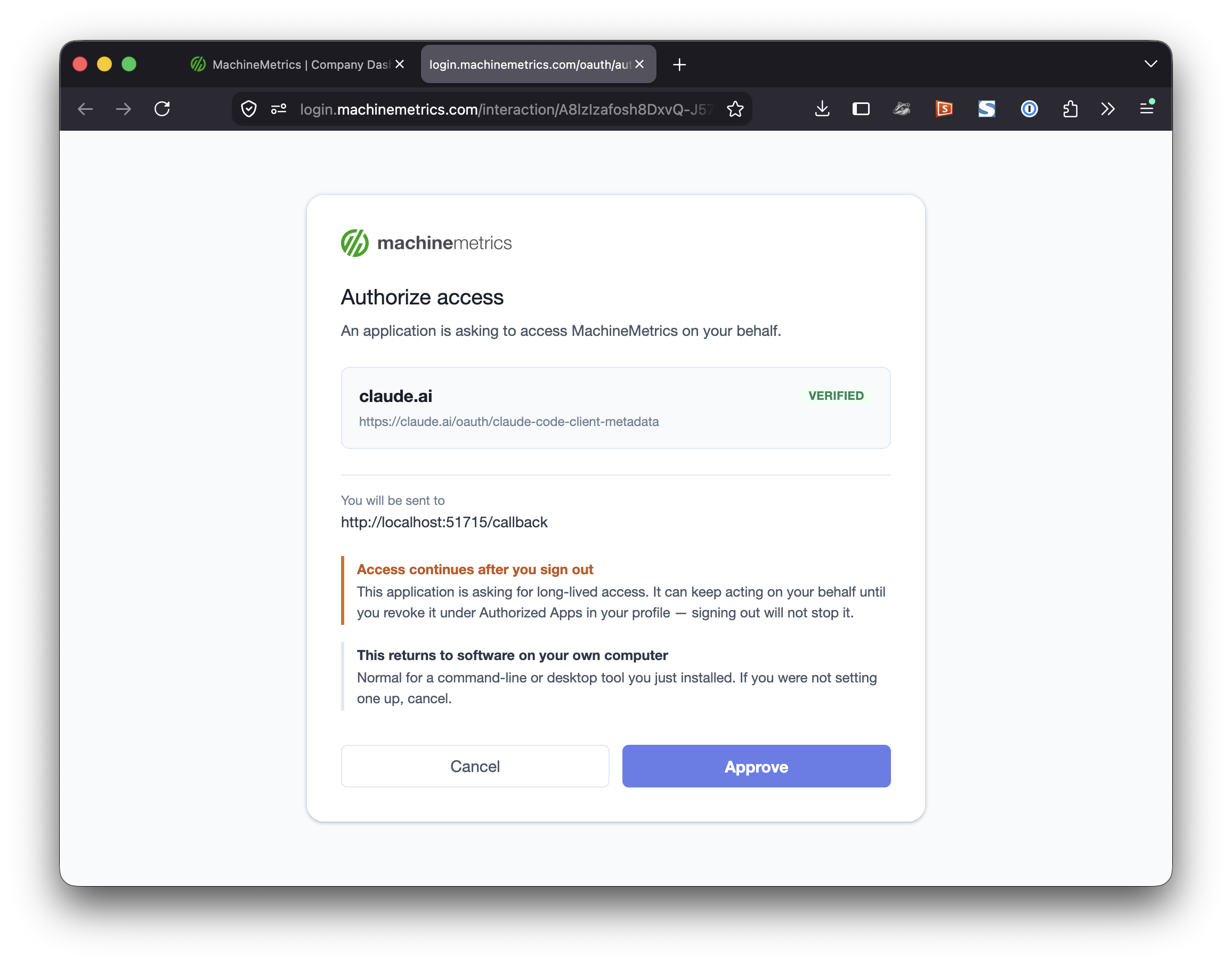 MachineMetrics OAuth consent screen showing claude.ai as a verified application requesting access