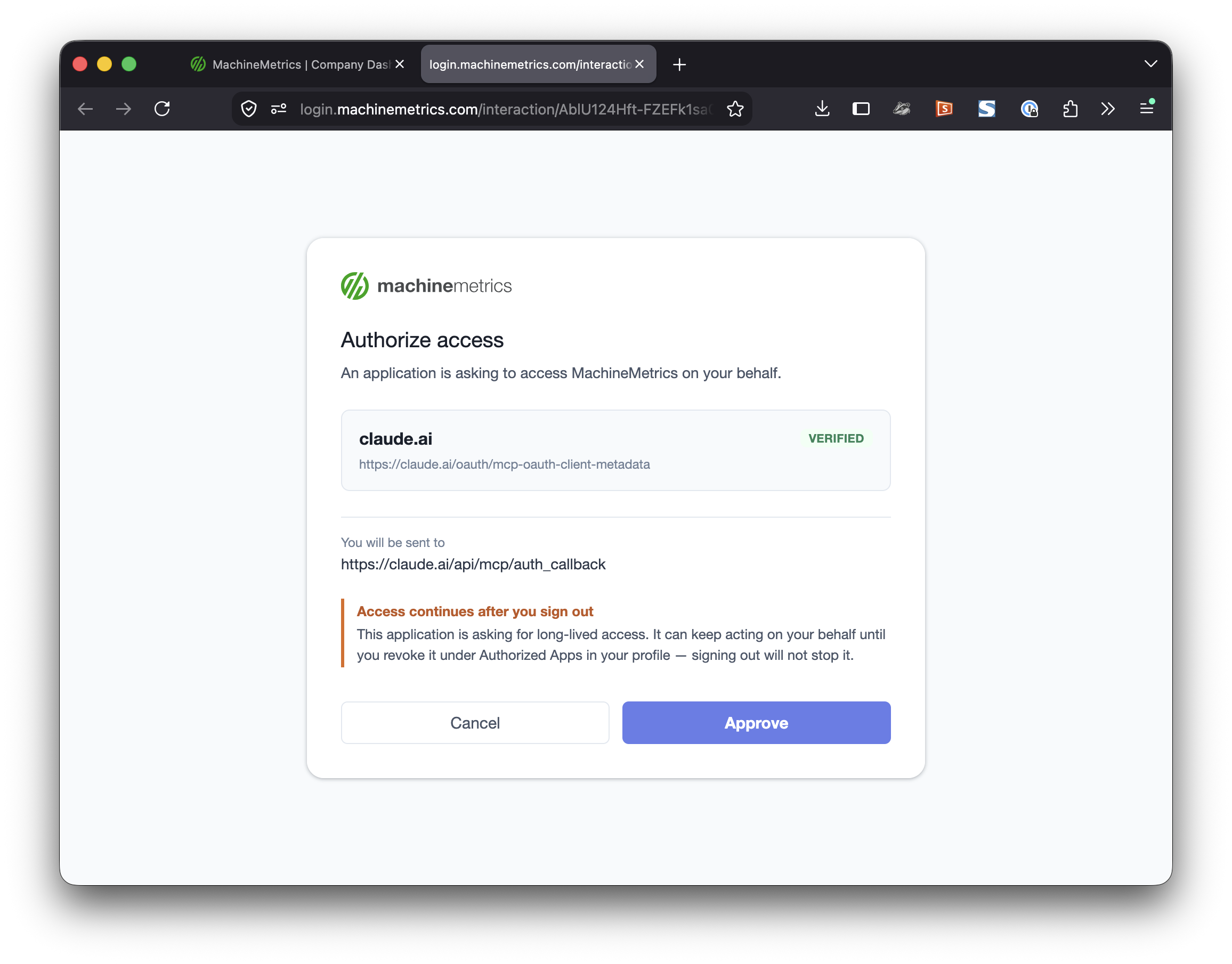 MachineMetrics consent screen for the Claude Desktop and claude.ai connector flow