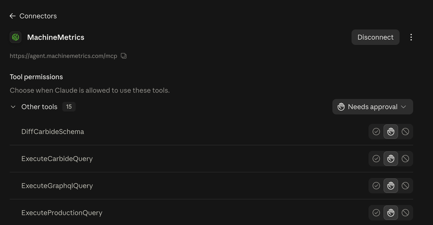 The MachineMetrics connector's tool permissions in Claude, listing the available tools — an example; your list depends on your permissions and products
