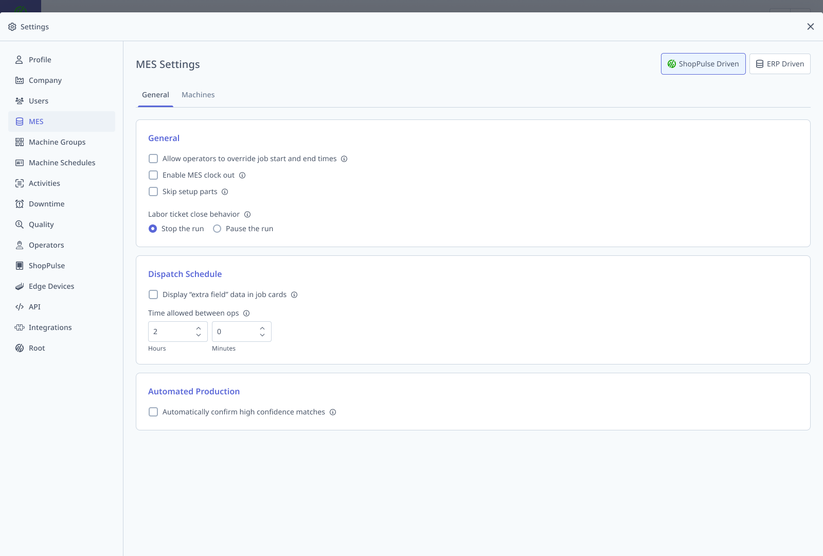 MES Settings page — General tab showing account-level settings checkboxes for Allow override, Clock out, Skip setup parts, Dispatch Schedule, and Automated Production