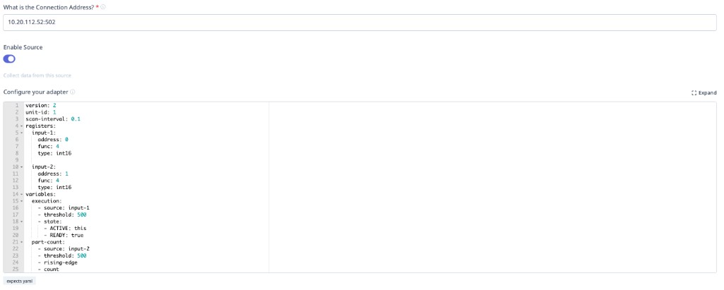 MachineMetrics Add Data Collection Method — Connection Address field showing "10.20.112.52:502"; the port (:502) must be included directly in this field, not entered separately