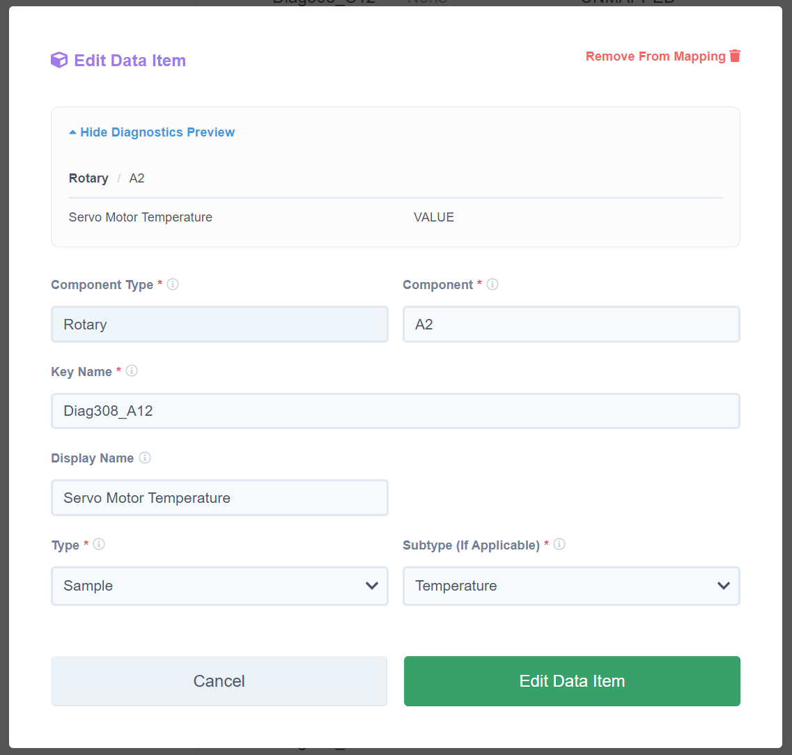 MachineMetrics Edit Data Item — Rotary / A2 component; Diagnostics Preview shows "Servo Motor Temperature = VALUE" (reading live); Key Name = Diag308_A12; Display Name = "Servo Motor Temperature"; Type = Sample / Temperature