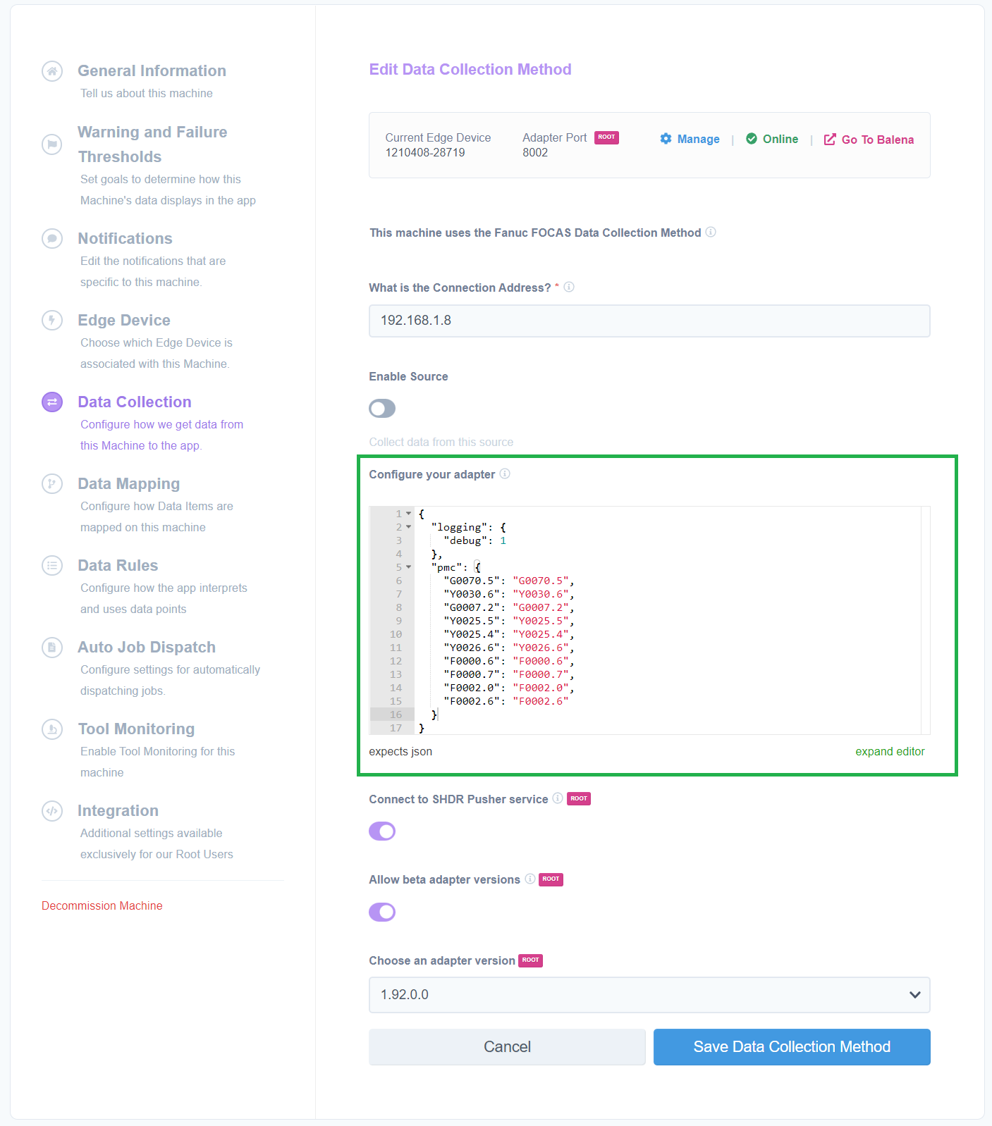 MachineMetrics Edit Data Collection Method for a FANUC FOCAS machine — "Configure your adapter" field showing PMC JSON with addresses G0070.5, Y0030.6, G0007.2, Y0025.5, Y0025.4, Y0026.6, F0000.6, F0000.7, F0002.0, F0002.6