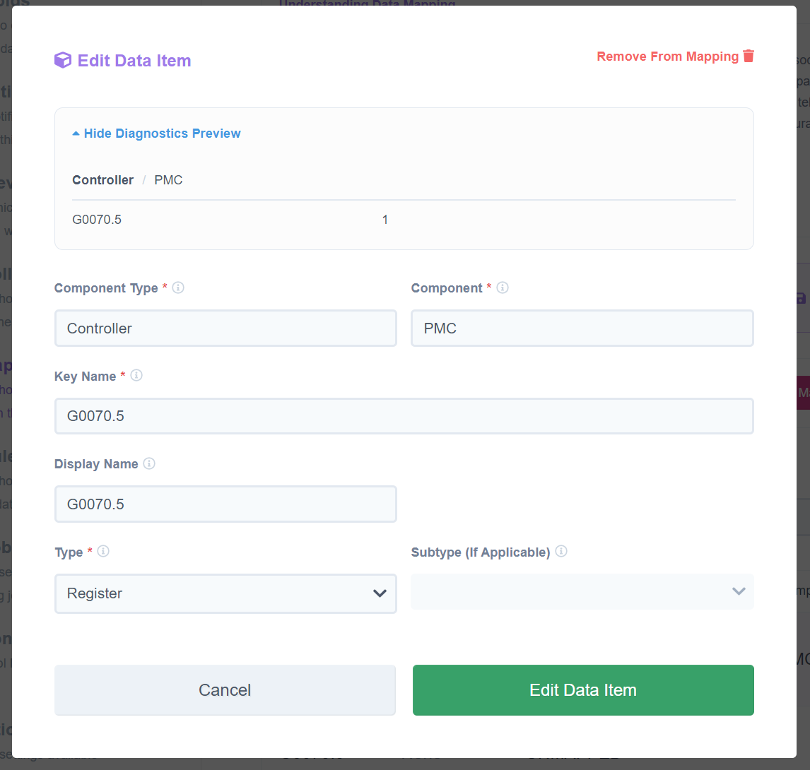 MachineMetrics Edit Data Item dialog — Controller / PMC component; Diagnostics Preview shows G0070.5 = 1 (active); Key Name = G0070.5; Type = Register