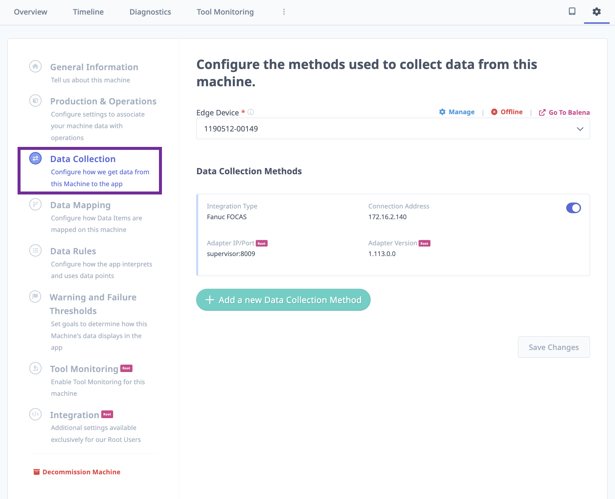 MachineMetrics Machine Settings → Data Collection — Fanuc FOCAS integration shown as connected (Online) at IP 172.16.2.140; Data Collection Methods section with existing FOCAS method and "+ Add a new Data Collection Method" button