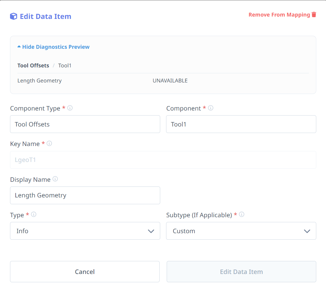 MachineMetrics Edit Data Item — Tool Offsets / Tool1 component; Diagnostics Preview shows "Length Geometry = UNAVAILABLE" (reading live); Key Name = LgeoT1; Display Name = "Length Geometry"; Type = Info / Custom subtype