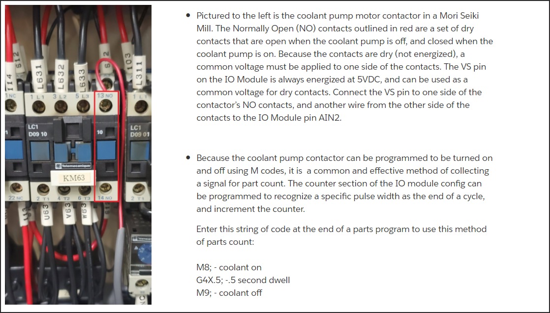 Mori Seiki mill electrical cabinet — coolant pump motor contactor KM63 with Normally Open contacts (pin 13 NO) outlined in red; connect VS → 13 NO → AIN for part count