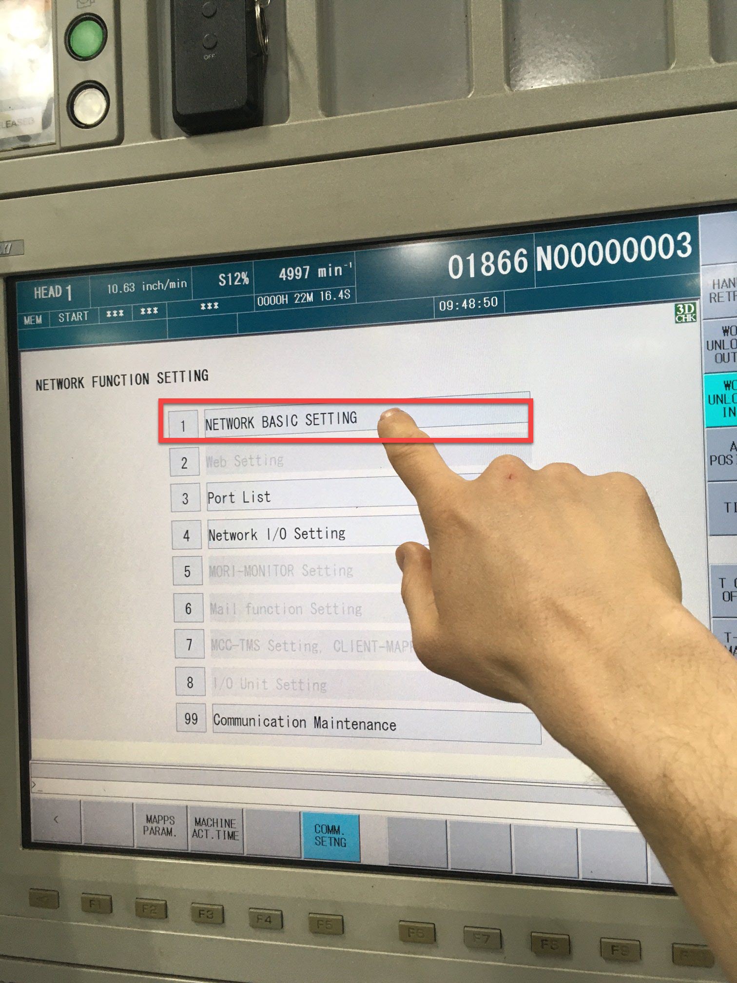 Mori Seiki MAPPS control — NETWORK FUNCTION SETTING screen; "1 NETWORK BASIC SETTING" option highlighted in red box with finger pointing to it; other options include Web Setting, Port List, Network I/O Setting, MORI-MONITOR Setting, MCC-TMS Setting