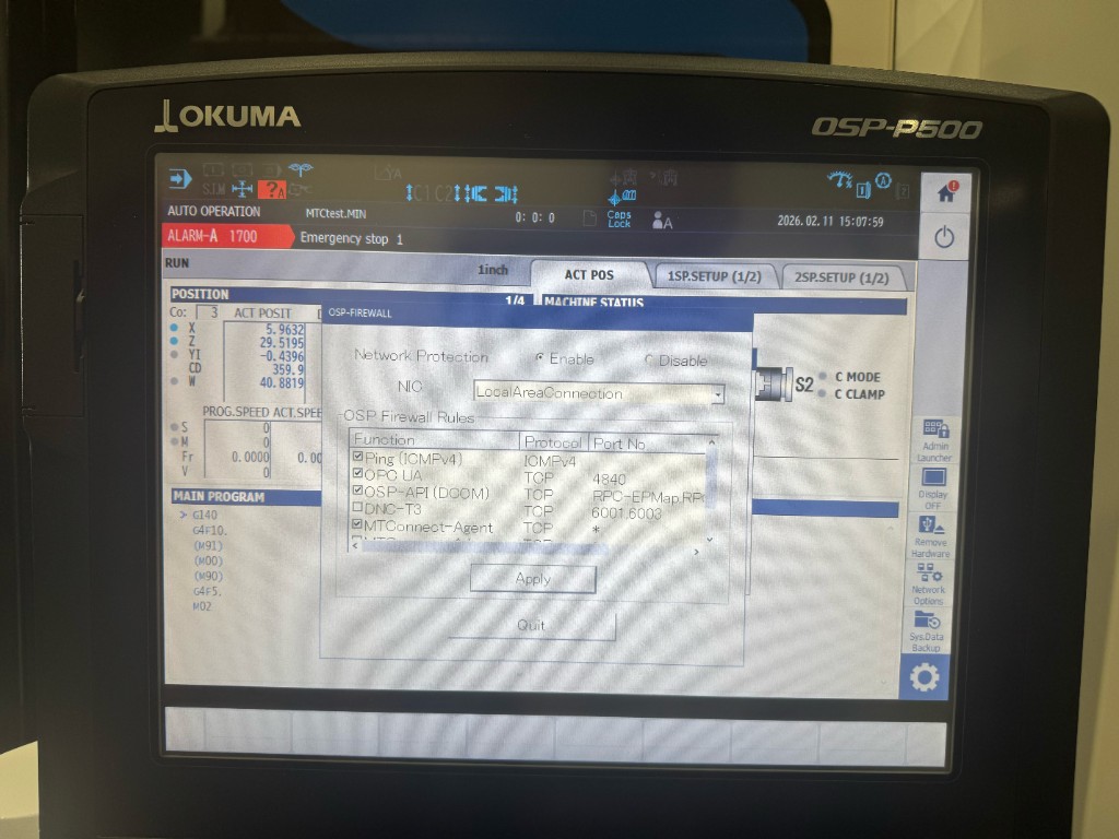 Okuma OSP-P500 OSP-FIREWALL screen showing MTConnect-Agent and OPC UA rules