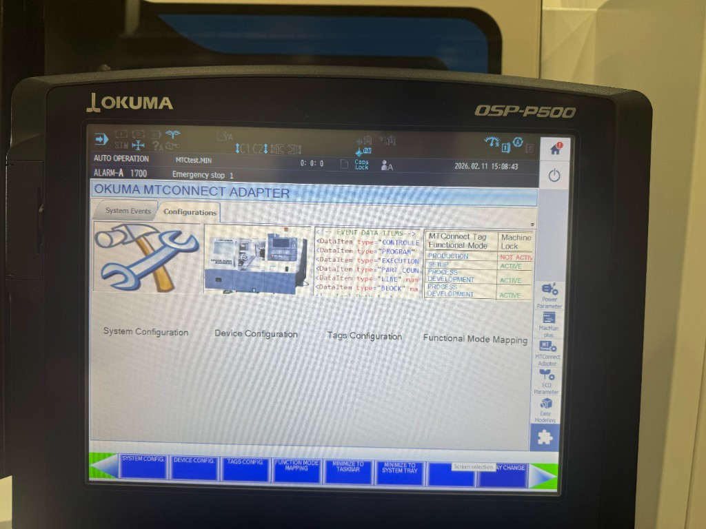 Okuma MTConnect Adapter — main Configurations screen